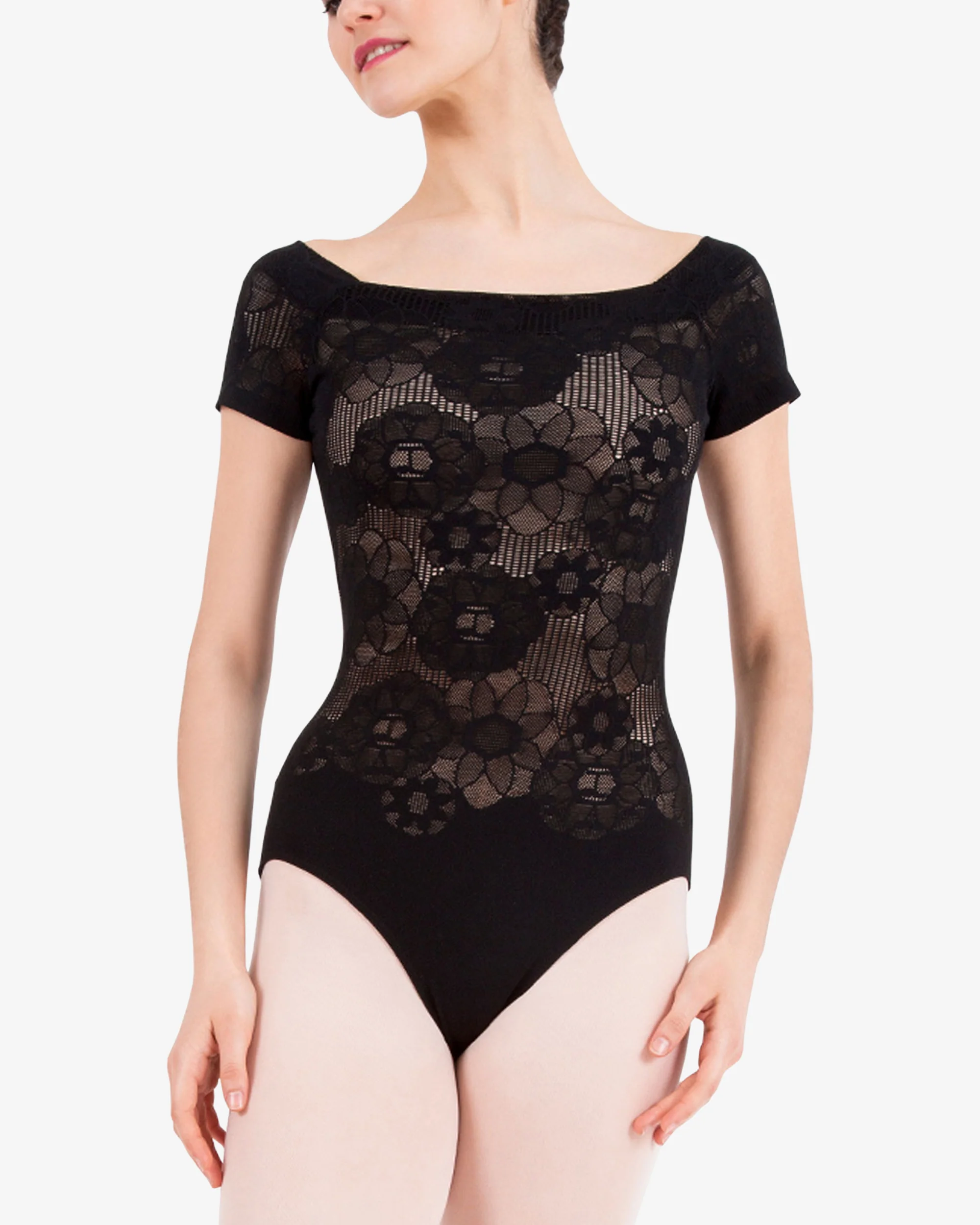 Leotard maniche corte con rosette in pizzo